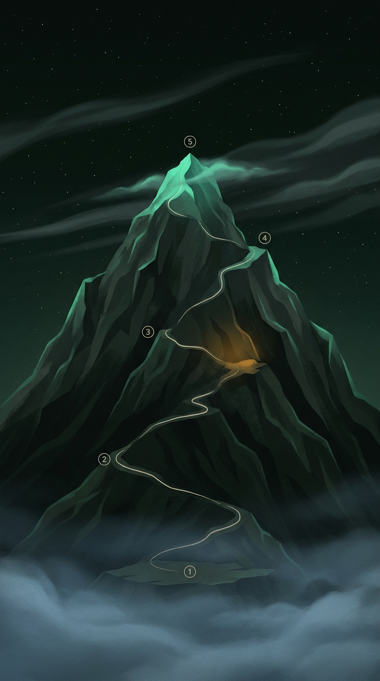 The Ascent: a painted mountain at night with a trail winding from base camp to the summit.