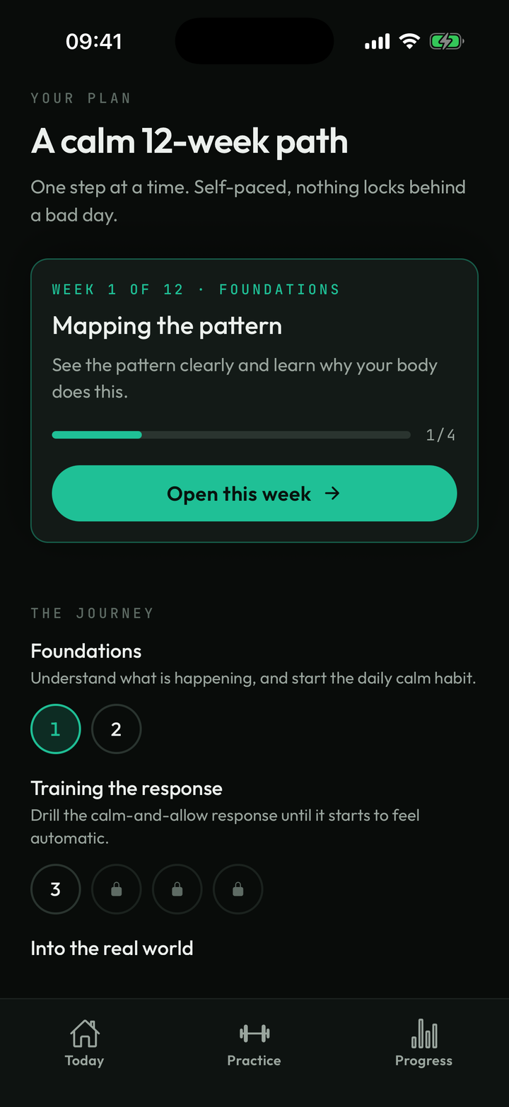 Your plan: a calm 12-week path, Week 1 of 12, with the four phases of the journey.