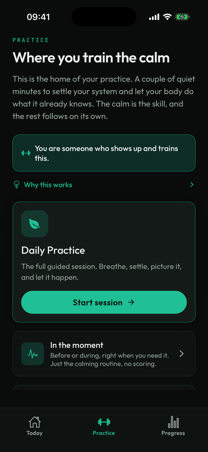 The Practice tab: Daily Practice with its Start session button, In the moment, and Pelvic floor.