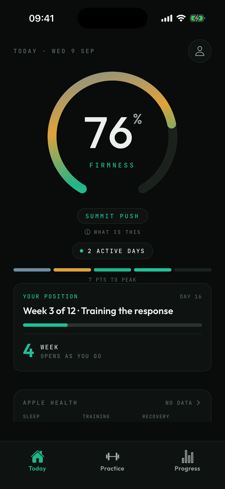 The STAMNR Today screen: a readiness ring reading 76% with its tier word, Summit push, the week you are in, and the Apple Health tiles.